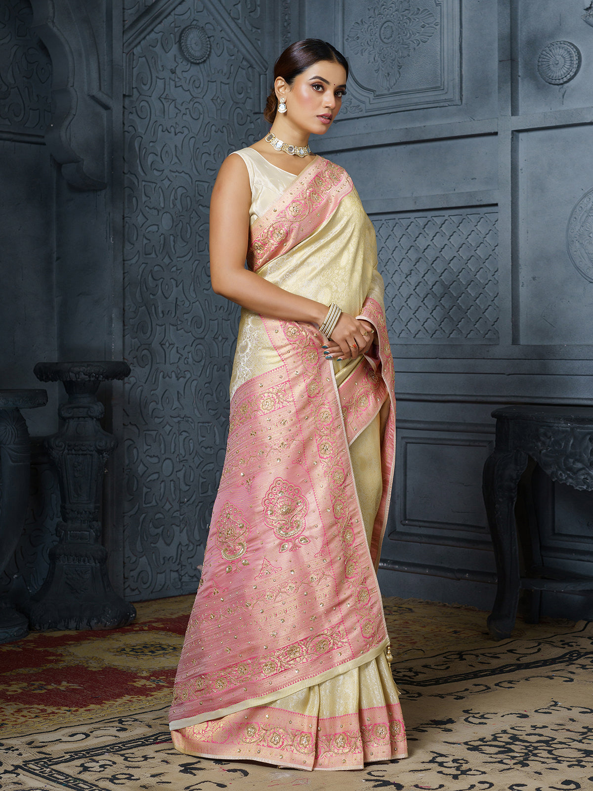 Ivory pink ornate floral premium tissue saree for women