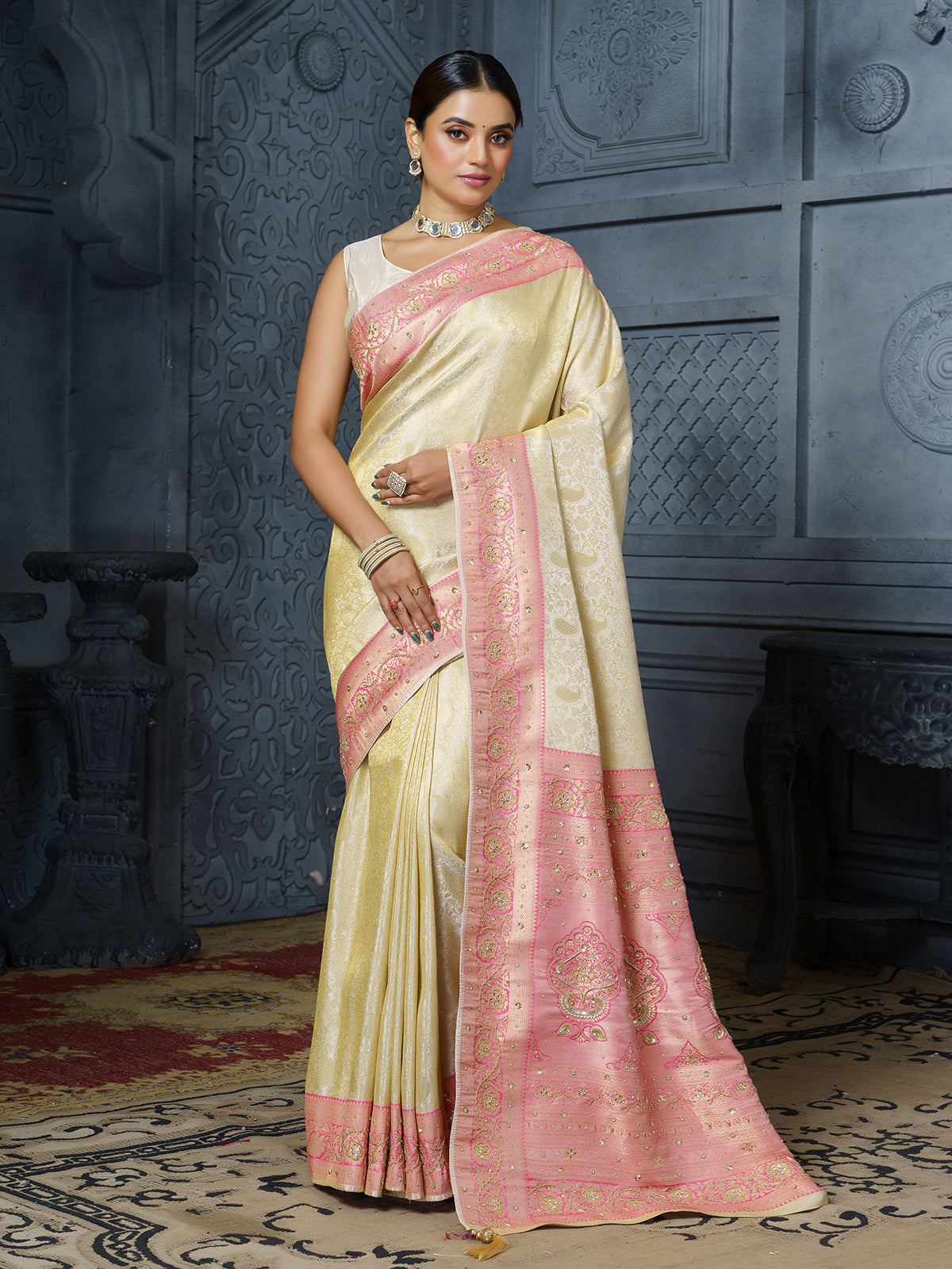 Ivory pink ornate floral premium tissue saree for women