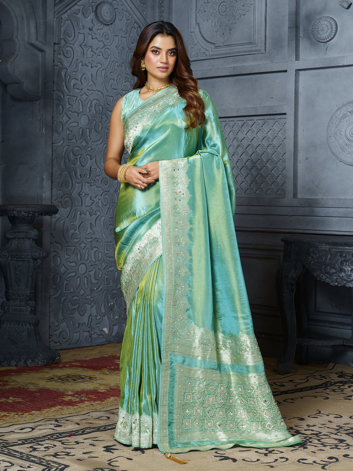 Pastel blue floral pallu tissue saree for women