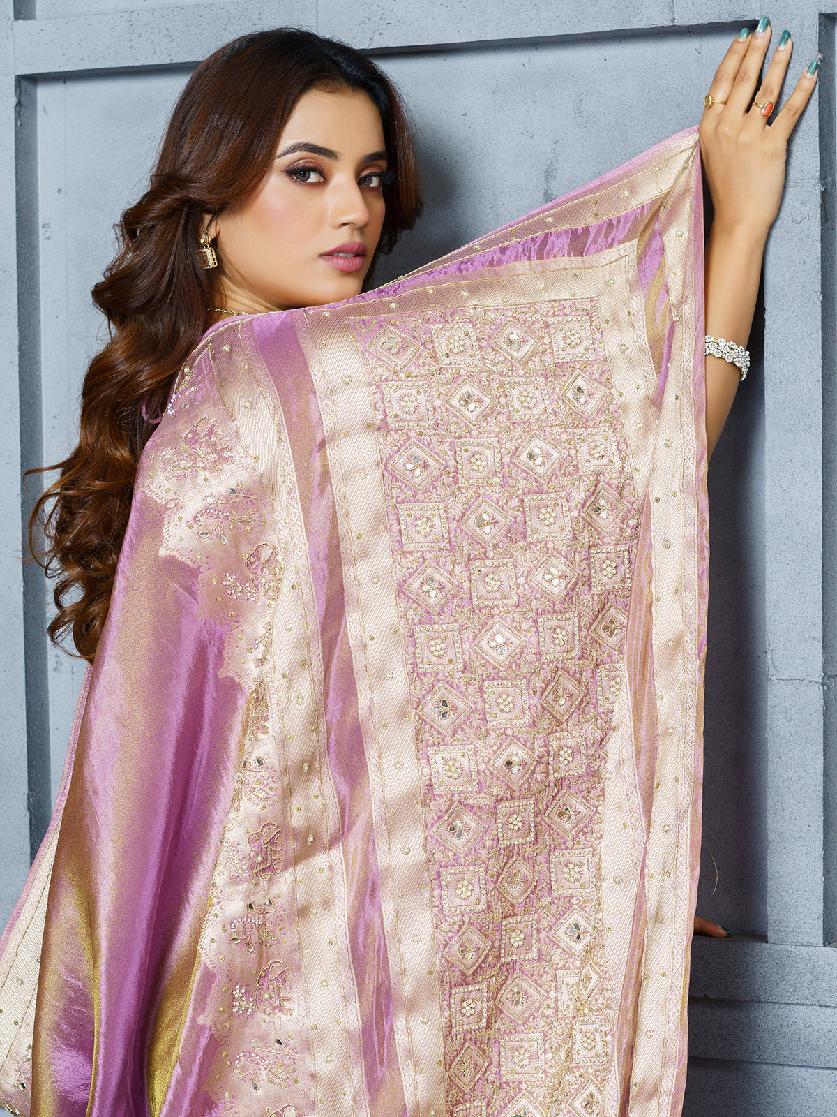 Lilac purple embellished tissue saree for women
