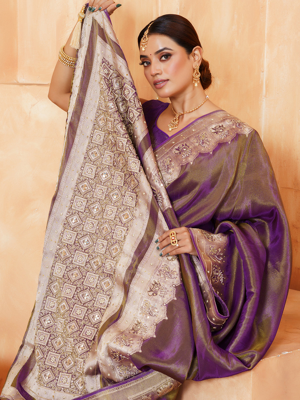 Pastel purple metallic floral tissue saree for women