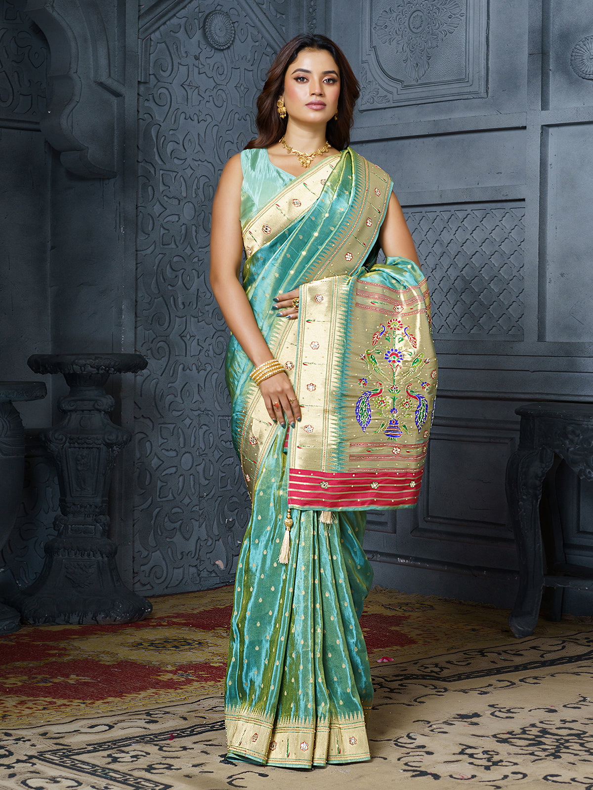 Pastel blue peacock tree motif tissue saree for women
