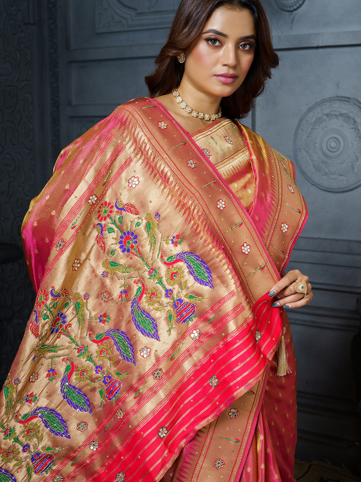 Pastel rani pink tree of life tissue saree for women
