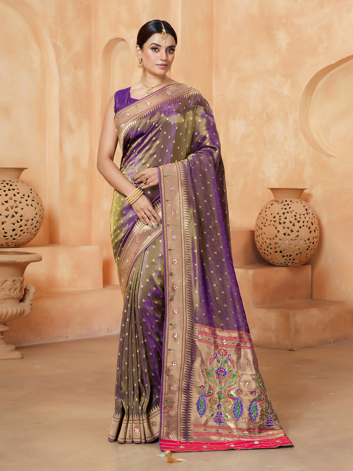 Pastel purple ornate peacock tissue saree for women