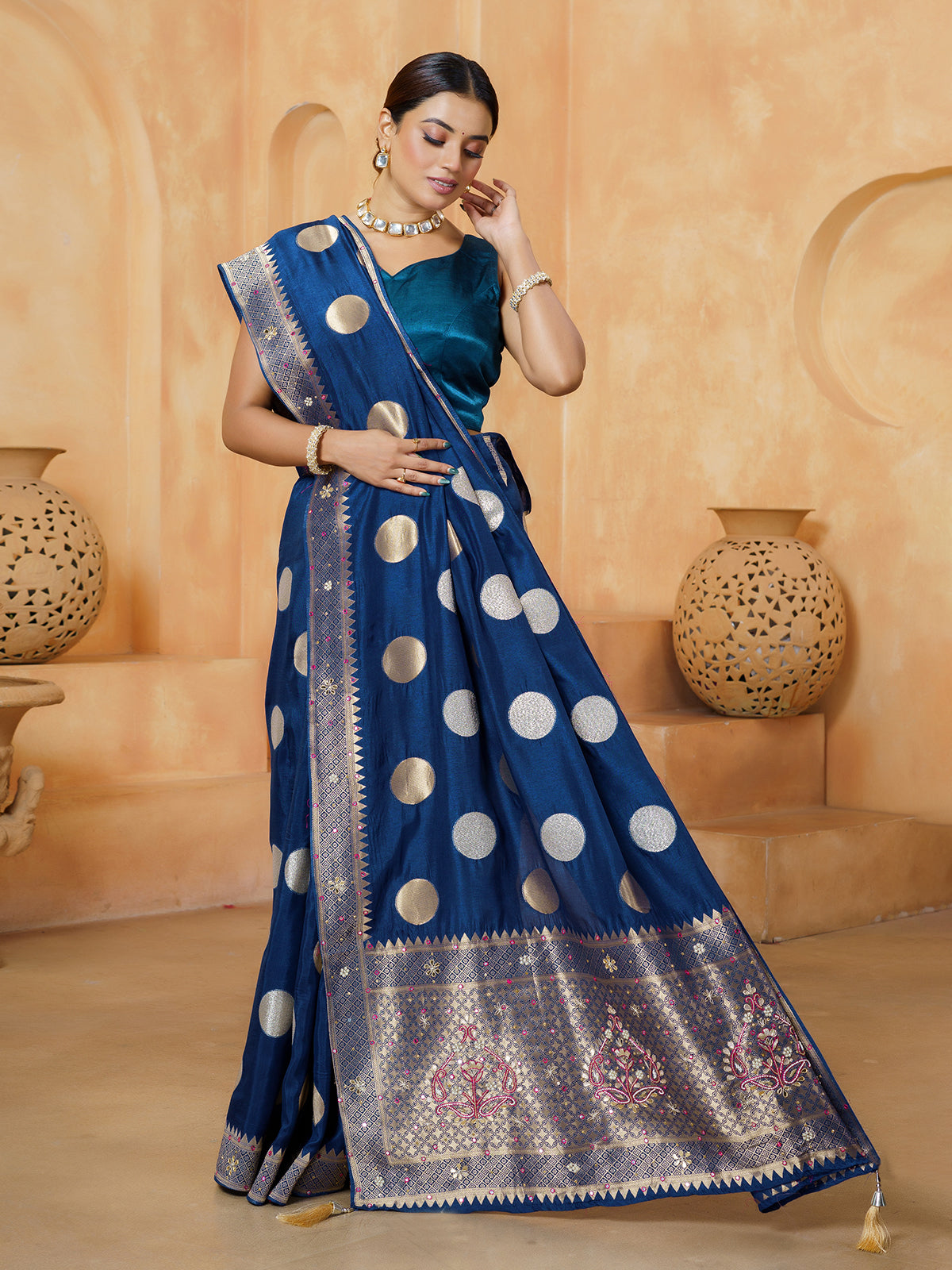 Navy blue royal coin work dola silk saree for women