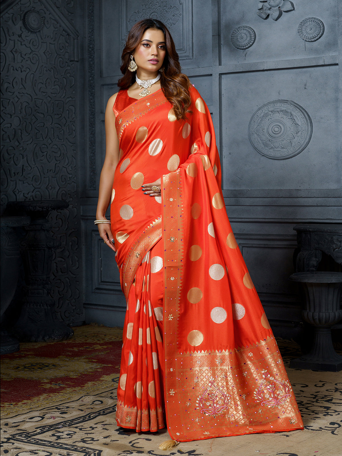 Orange festive chevron gold medallion saree for women