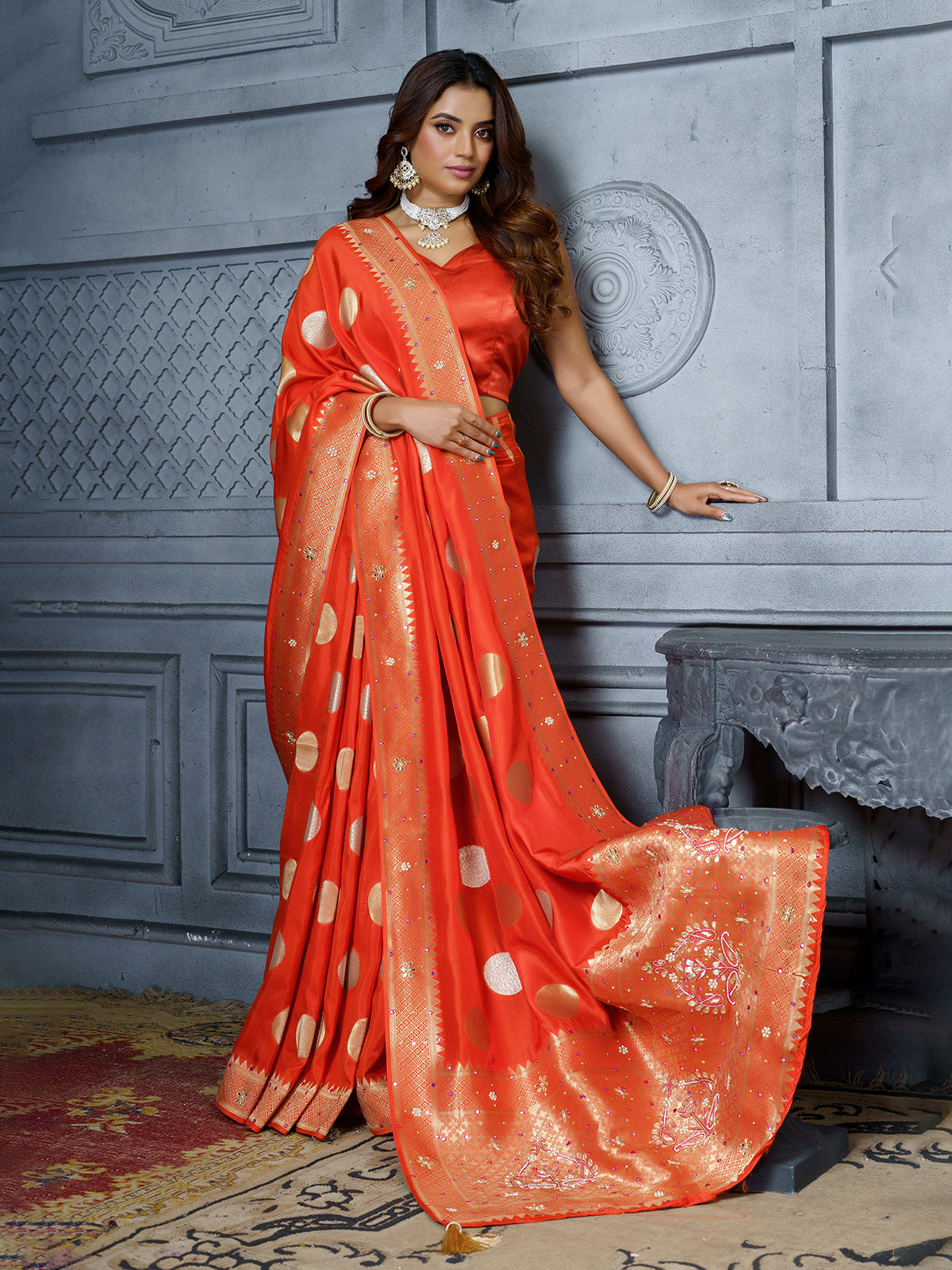 Orange festive chevron gold medallion saree for women