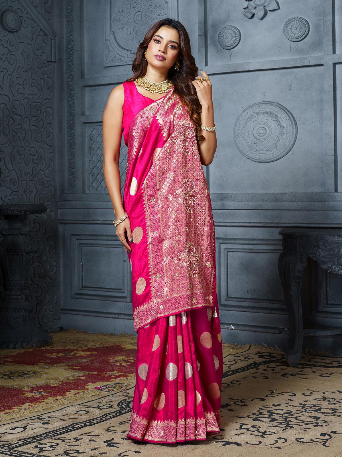 Pink embellished gold coin dola silk saree for women