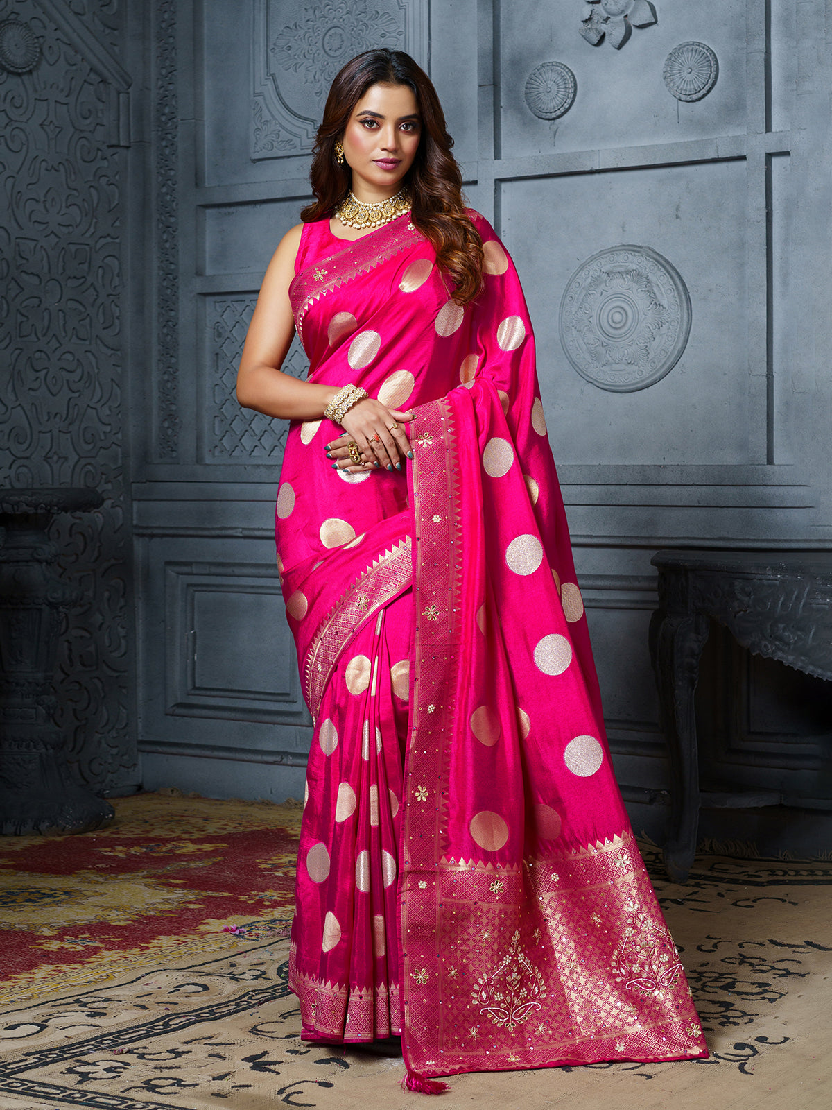Pink embellished gold coin dola silk saree for women