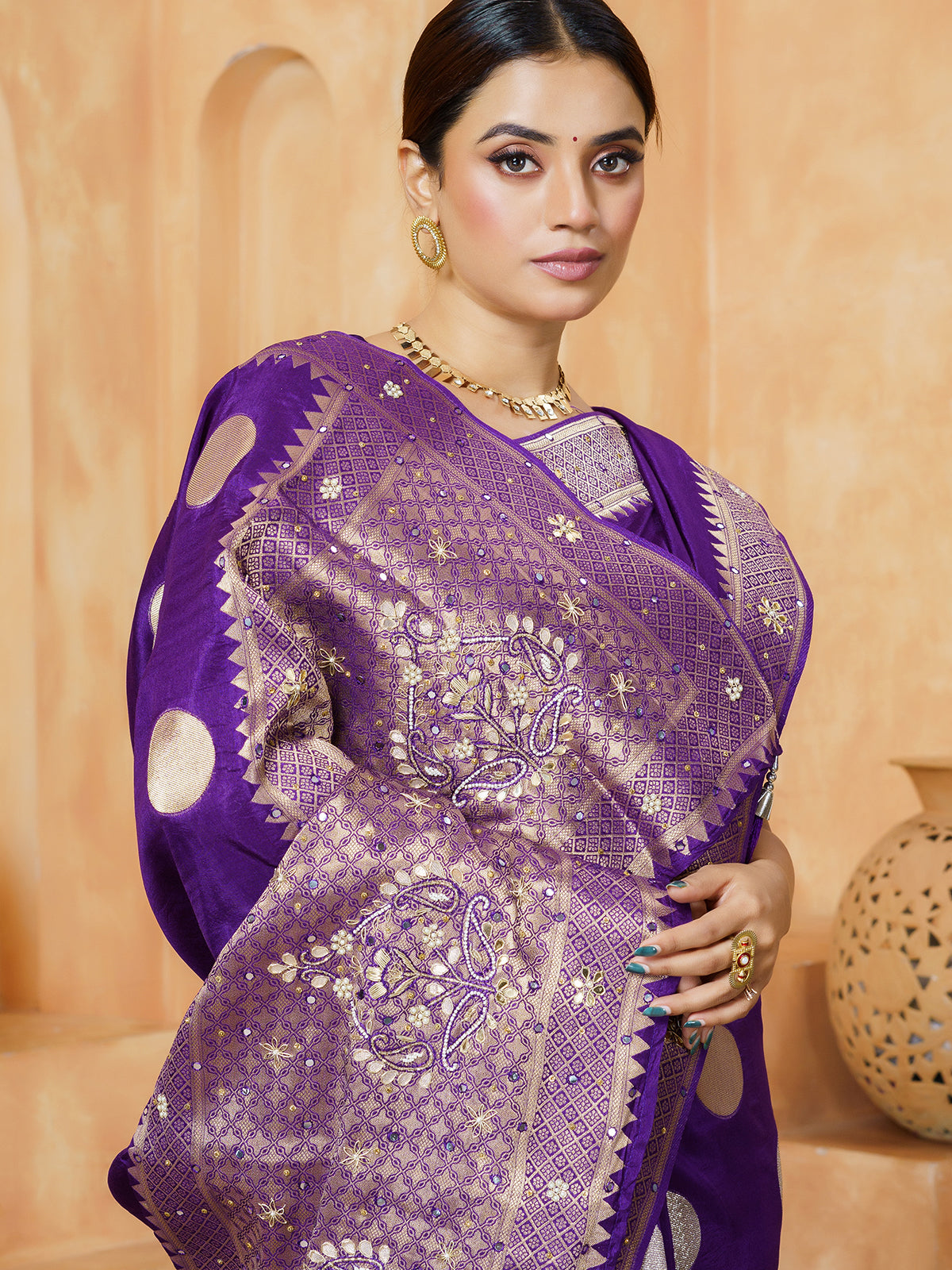 Purple statement medallion dola silk saree for women