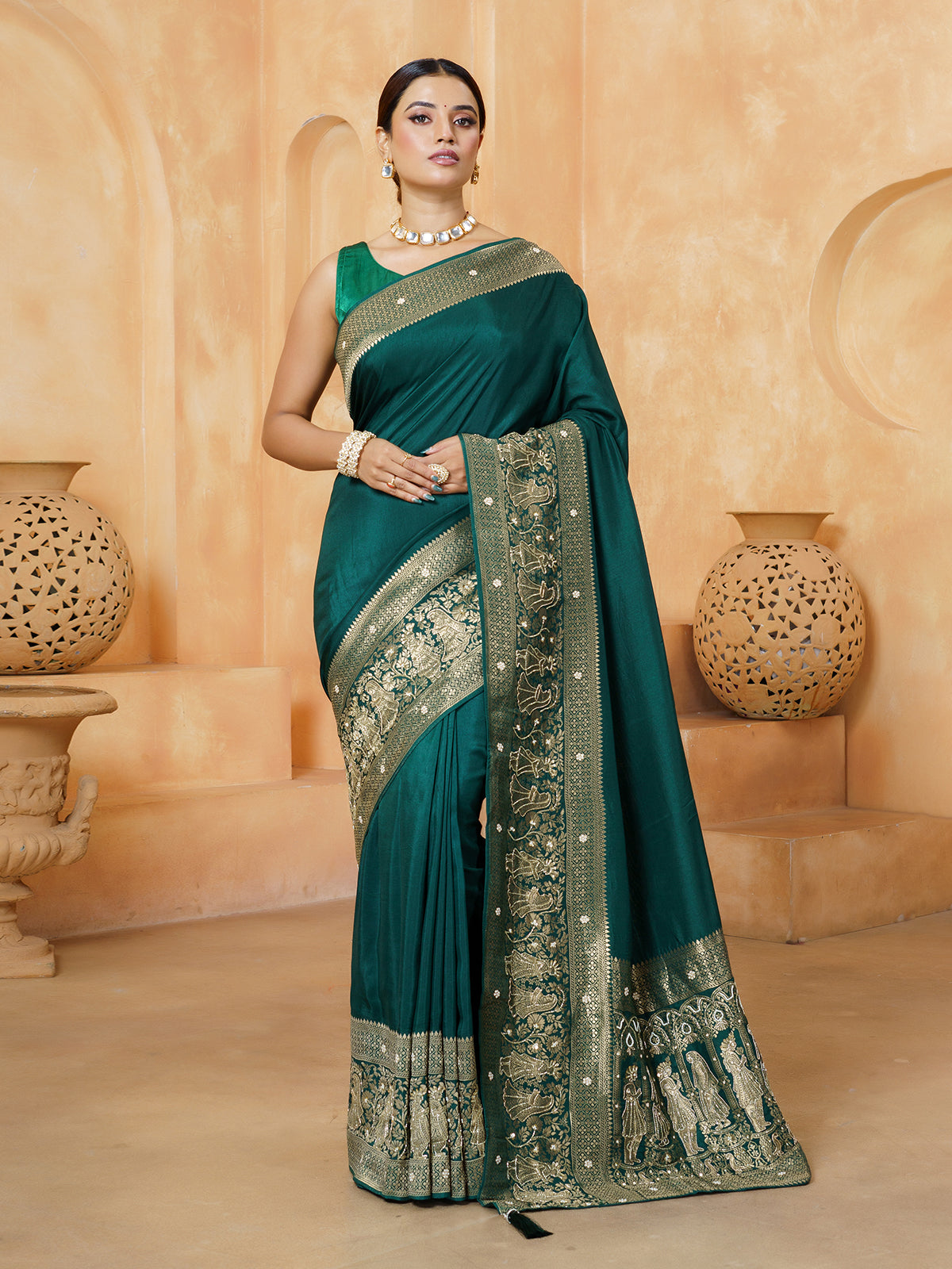 Bottle green mughal wedding dola silk saree for women