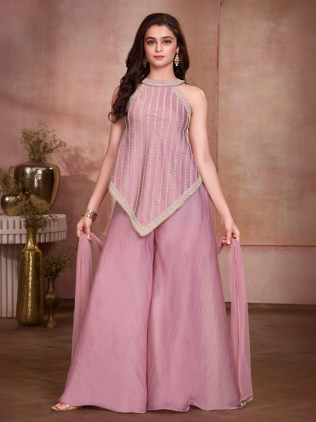 Pink architectural girl palazzo suit with dupatta
