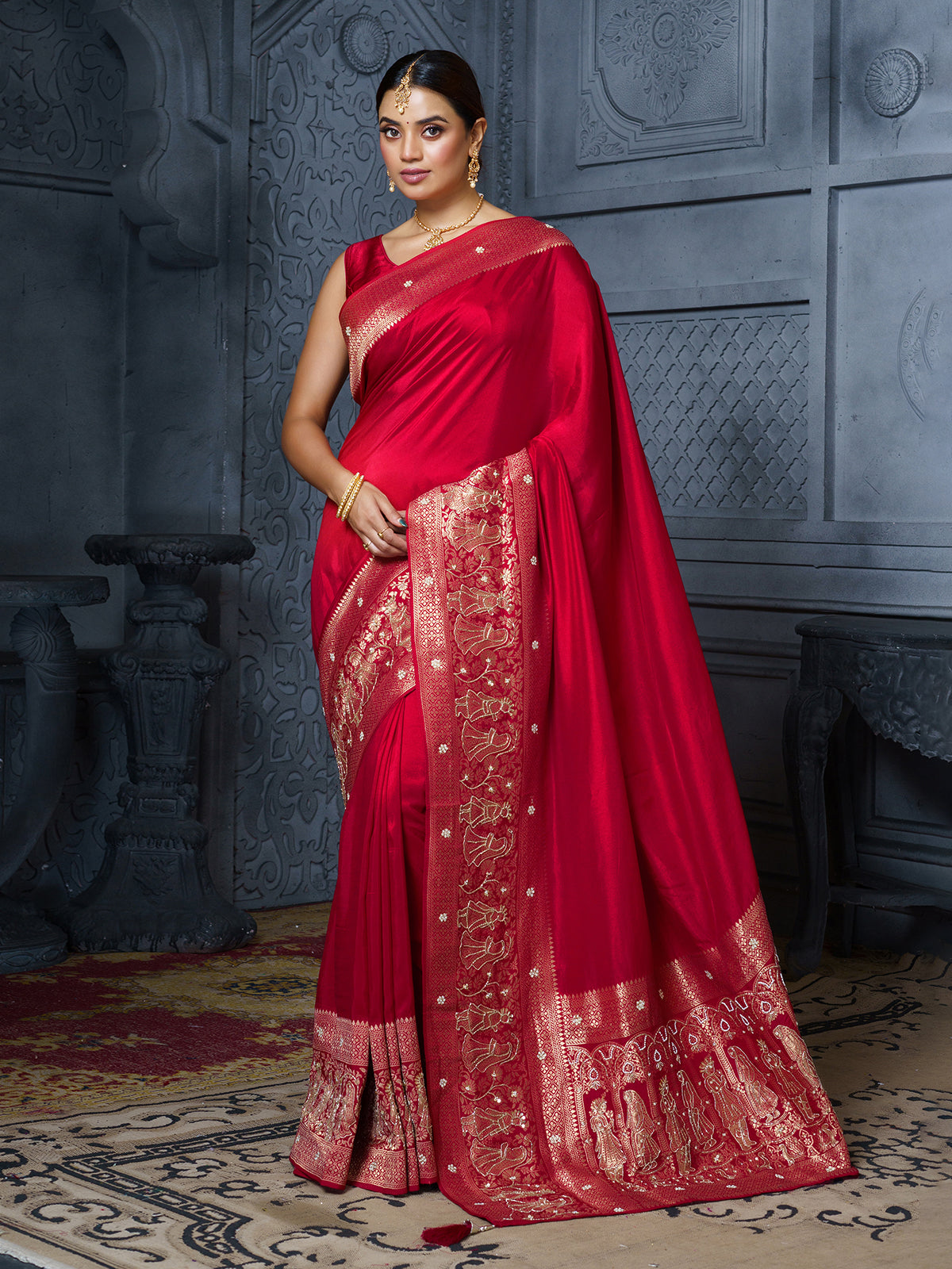 Red bridal procession heritage dola silk saree for women