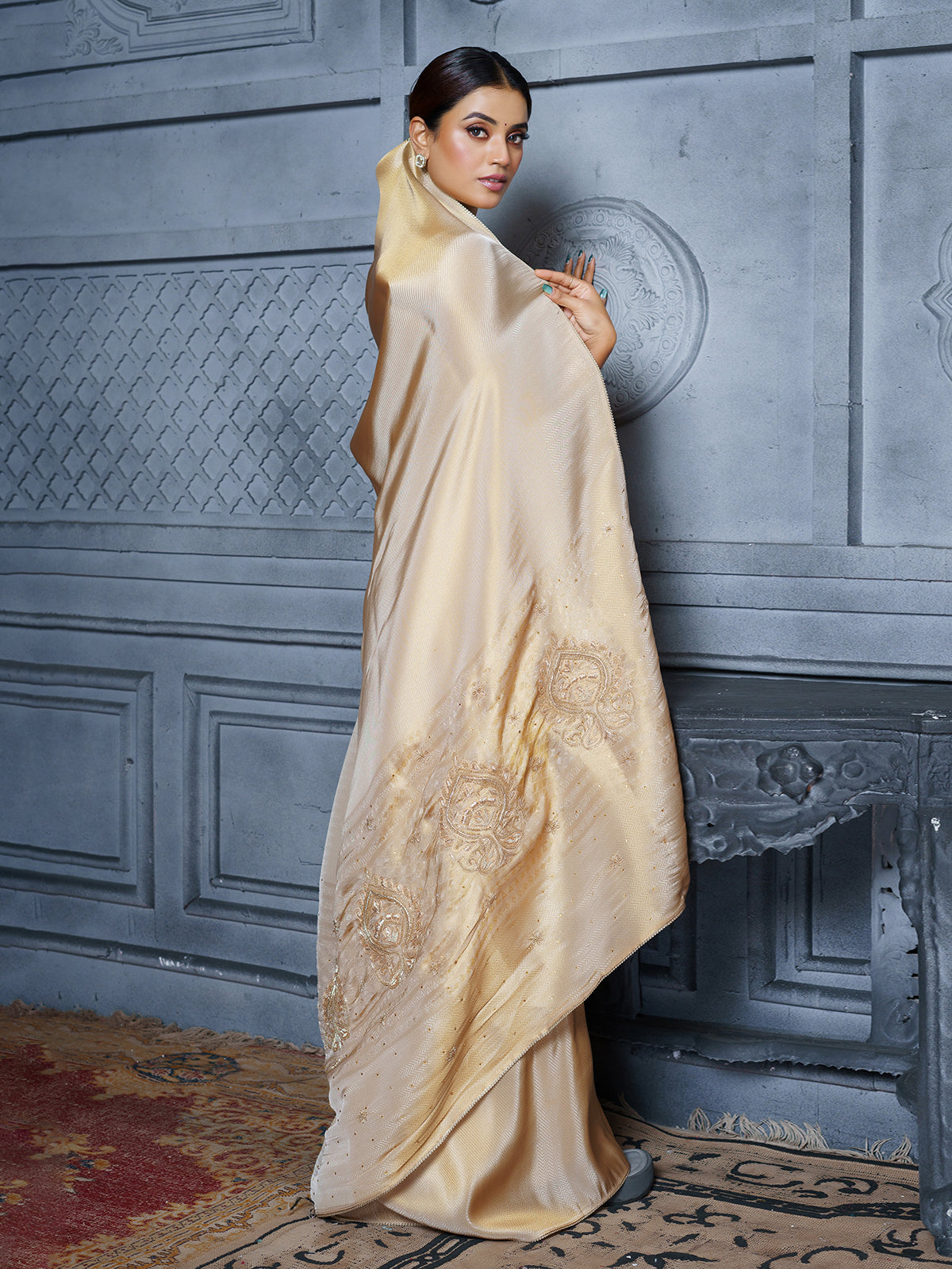 Pastel beige persian floral medallion tissue saree for women