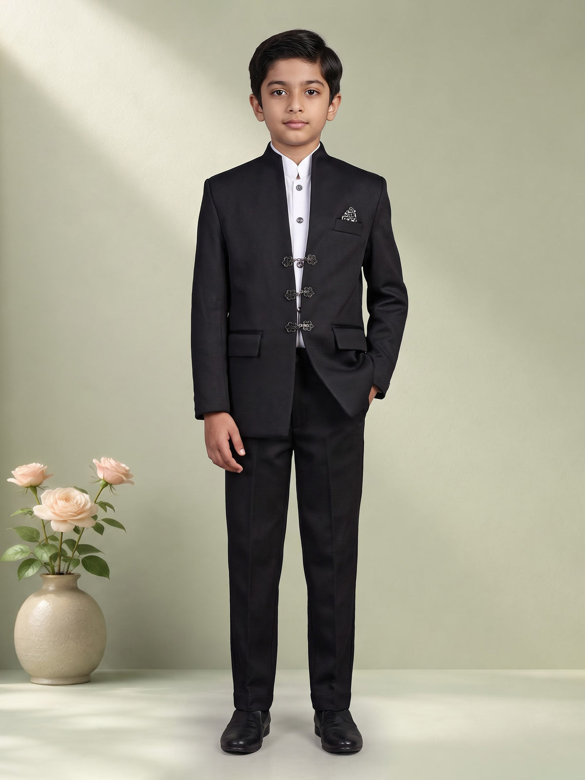 Black textured cotton blend boys coat suit with floral metal fasteners