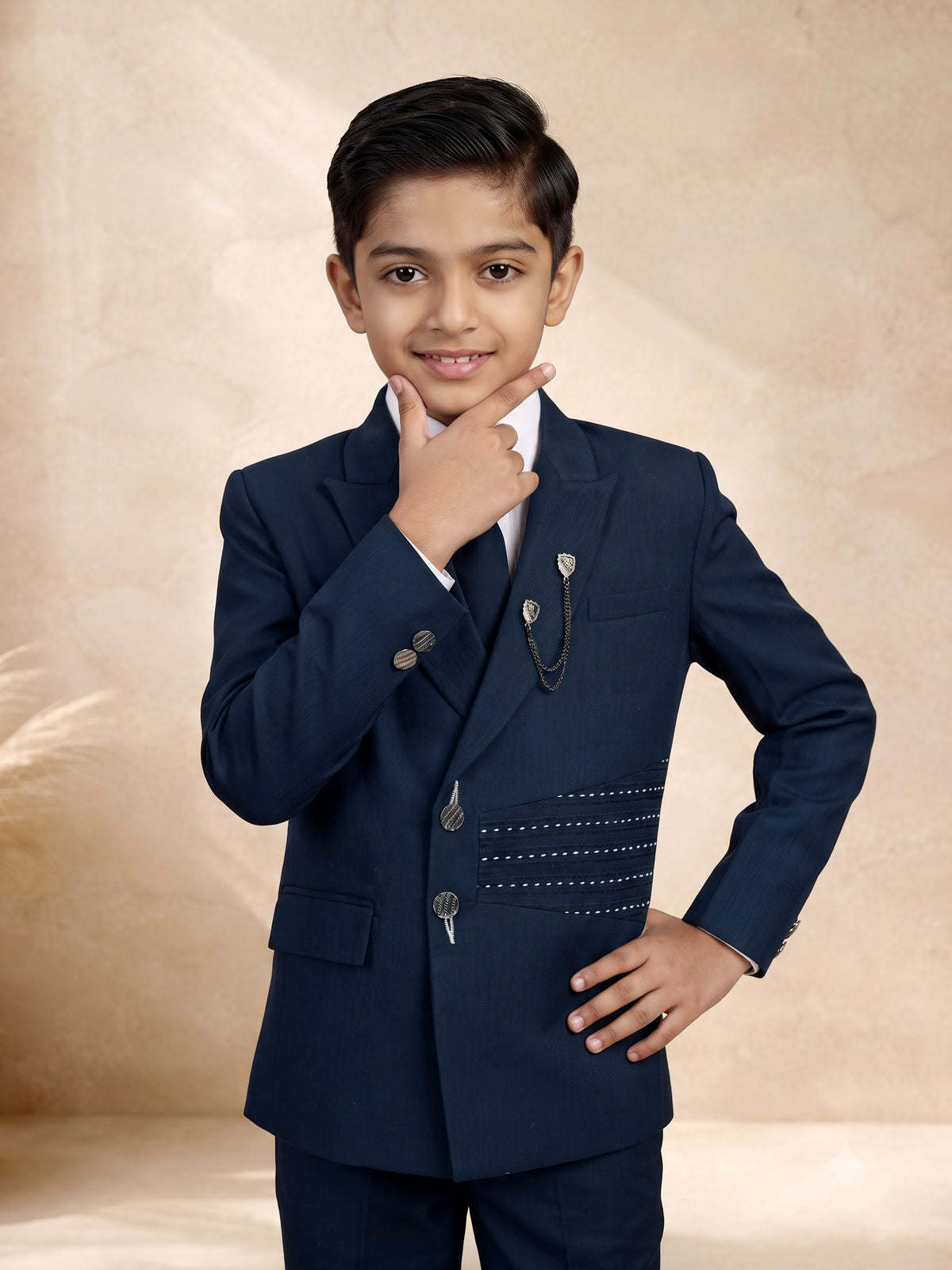 Rama blue terry rayon boys coat suit with asymmetric double-breasted jacket