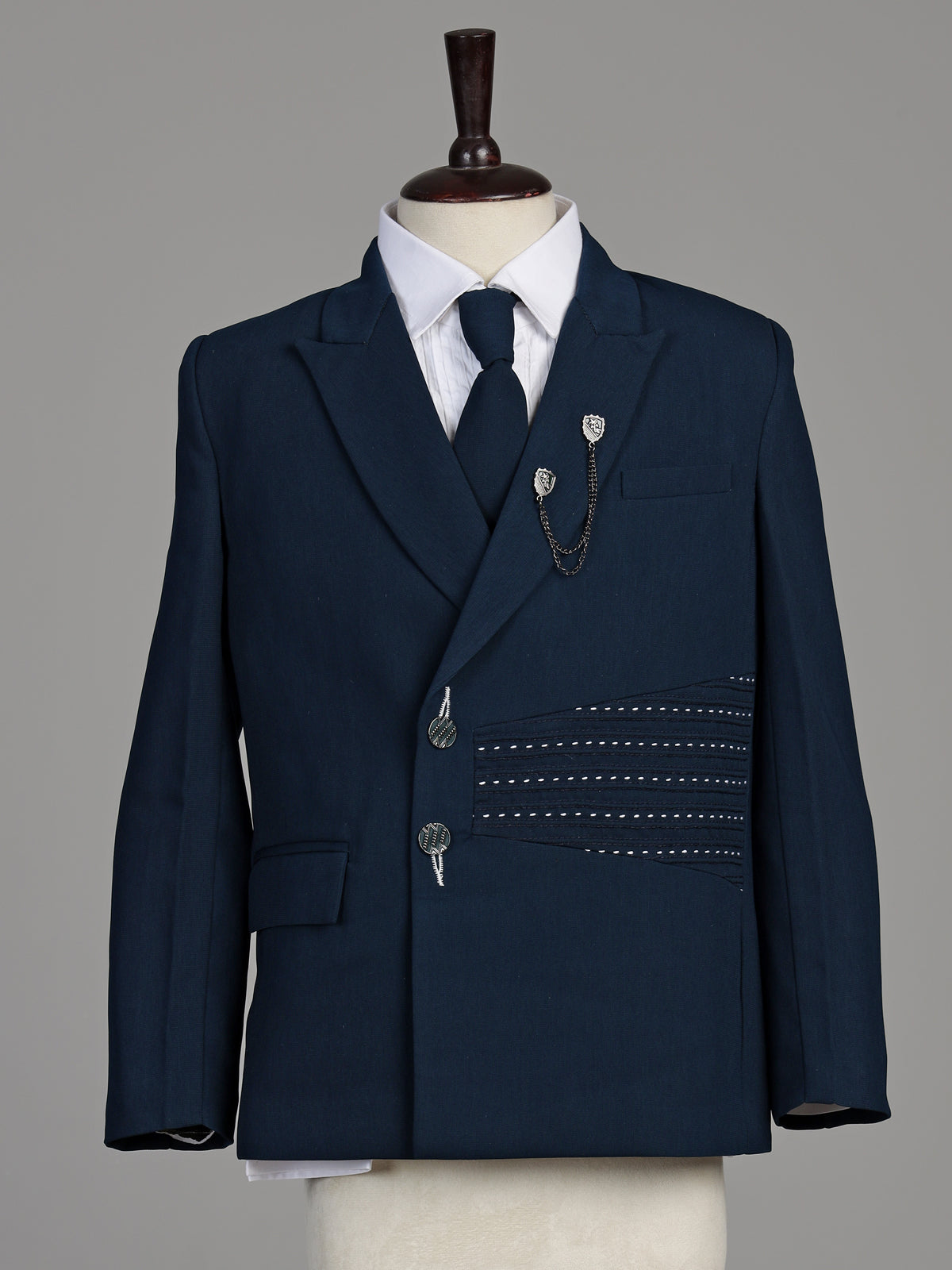 Rama blue terry rayon boys coat suit with asymmetric double-breasted jacket
