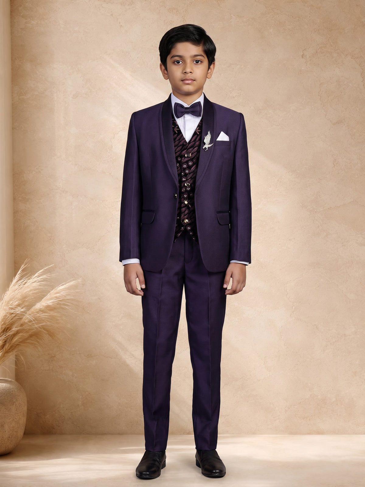 Purple terry rayon boys coat suit with embroidered velvet waistcoat