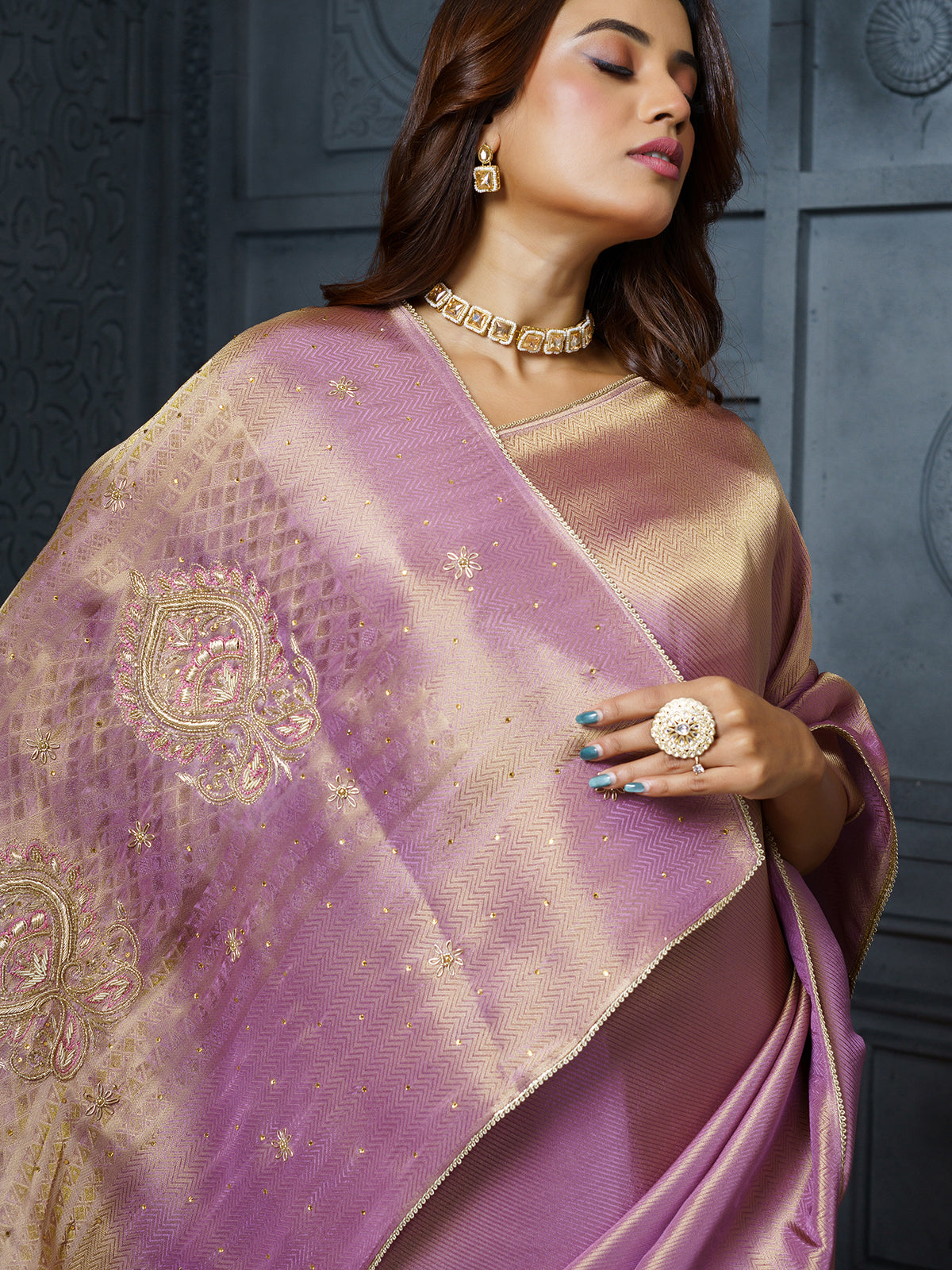 Pastel lavender ornamental medallion tissue saree for women