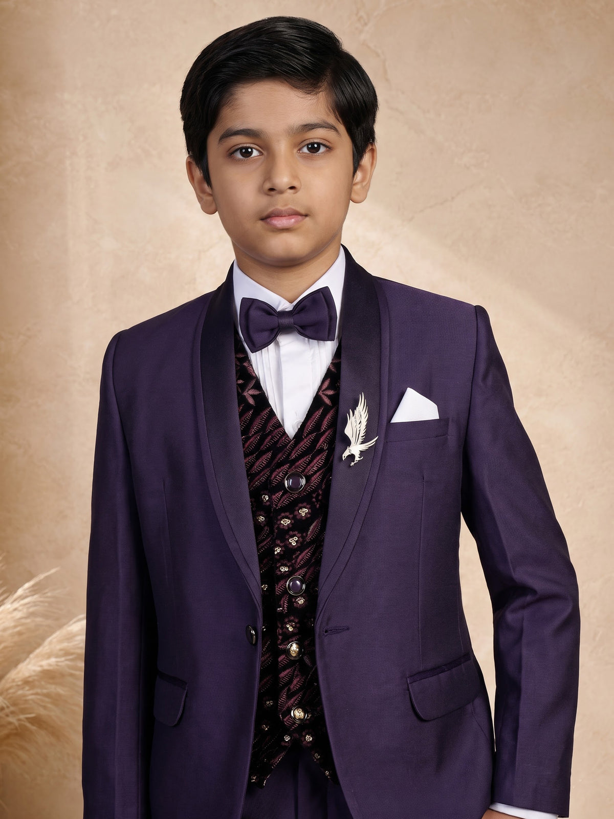 Purple terry rayon boys coat suit with embroidered velvet waistcoat