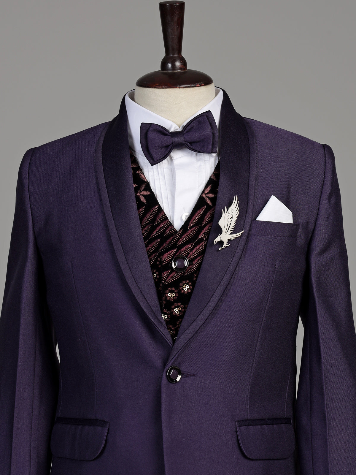 Purple terry rayon boys coat suit with embroidered velvet waistcoat