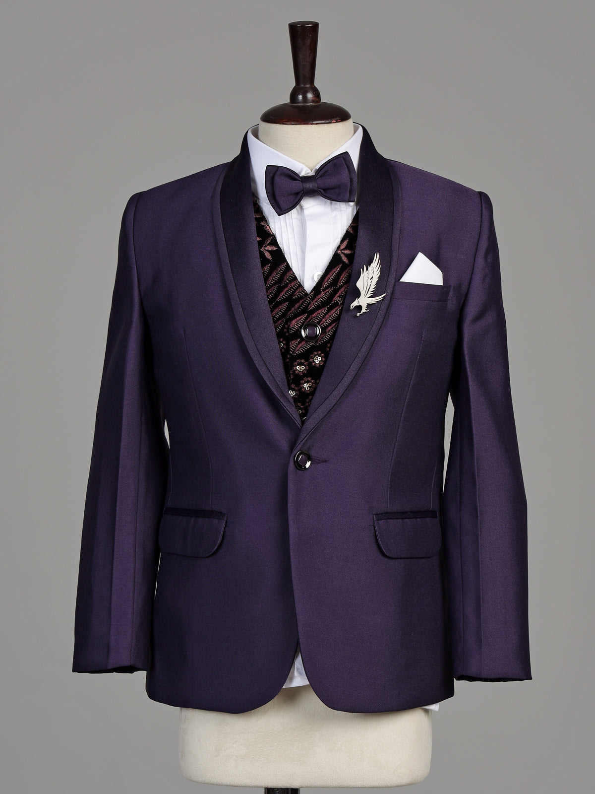 Purple terry rayon boys coat suit with embroidered velvet waistcoat