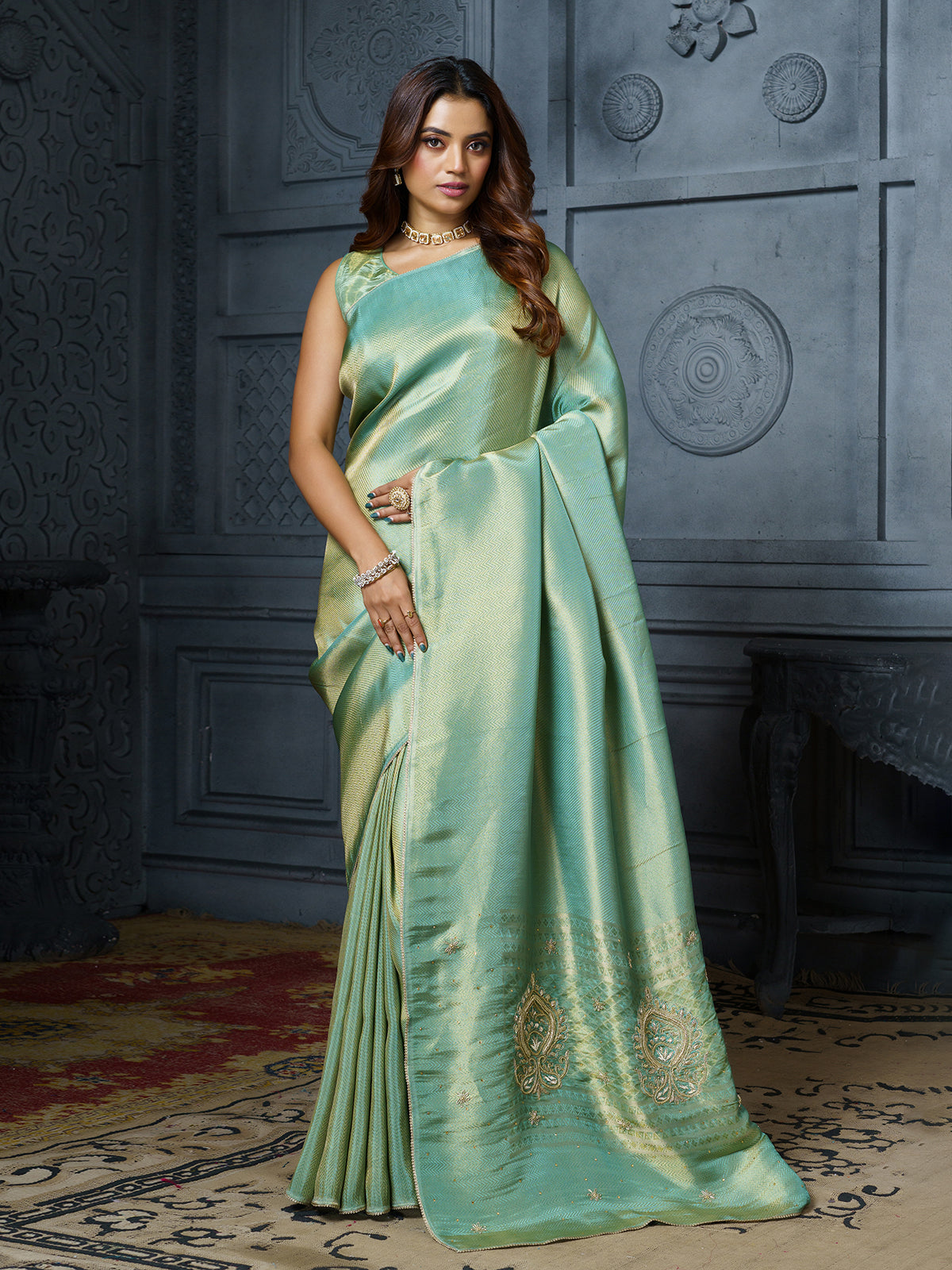 Pastel mint blue floral teardrop tissue saree for women