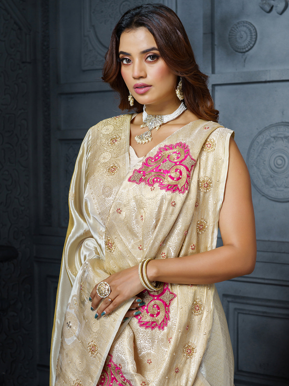 Premium cream pink royal paisley tissue saree for women