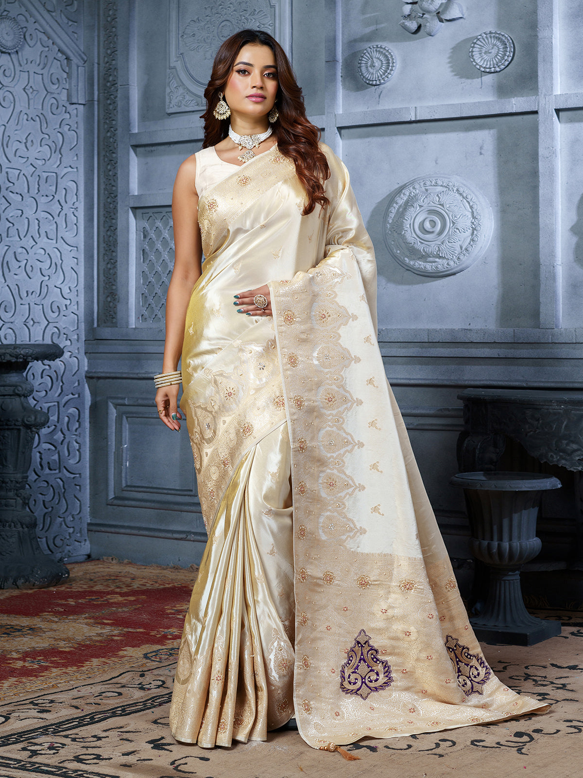 Luxury cream purple heritage tissue silk saree for women