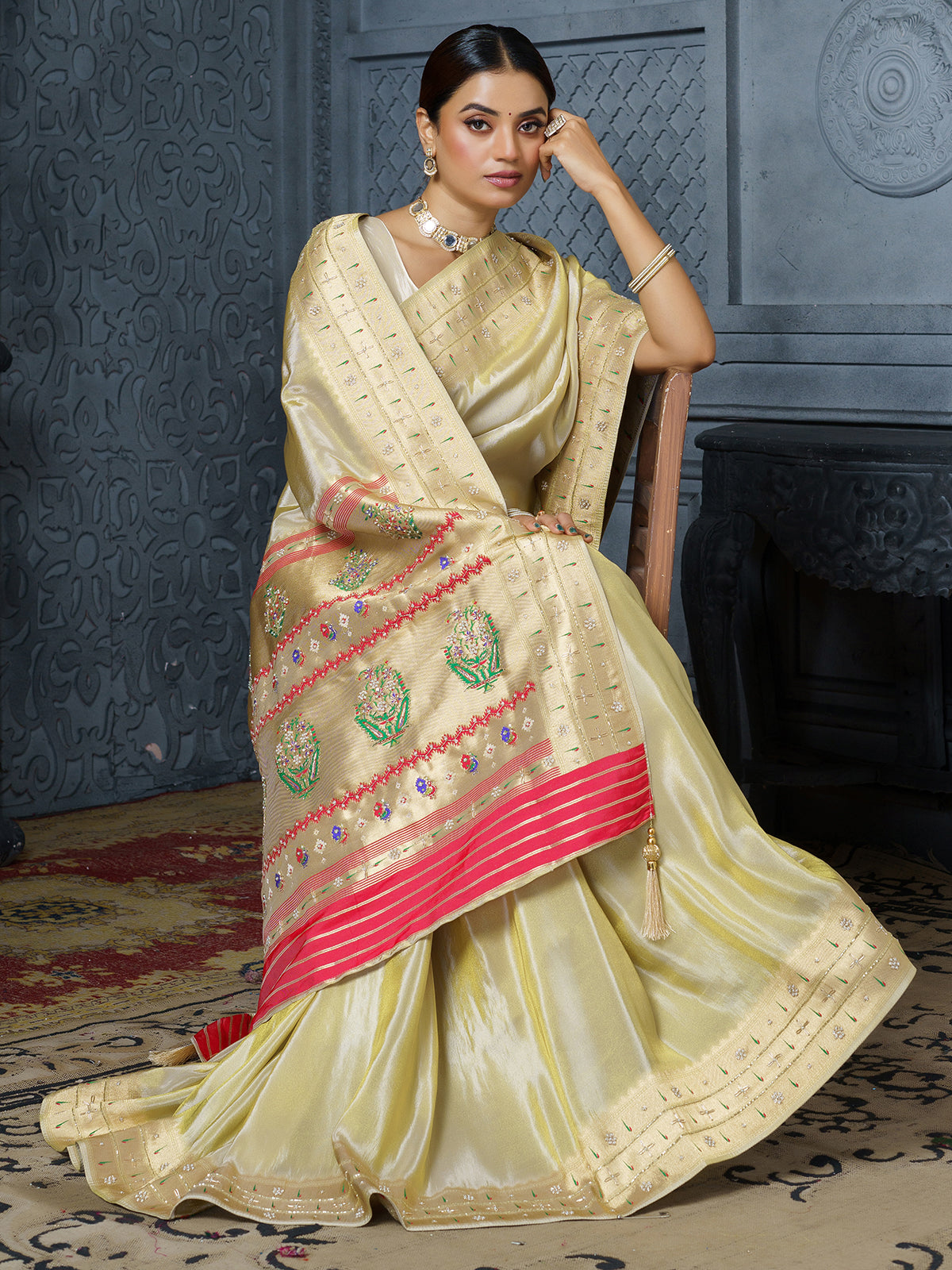 Butter gold meenakari floral tissue saree for women