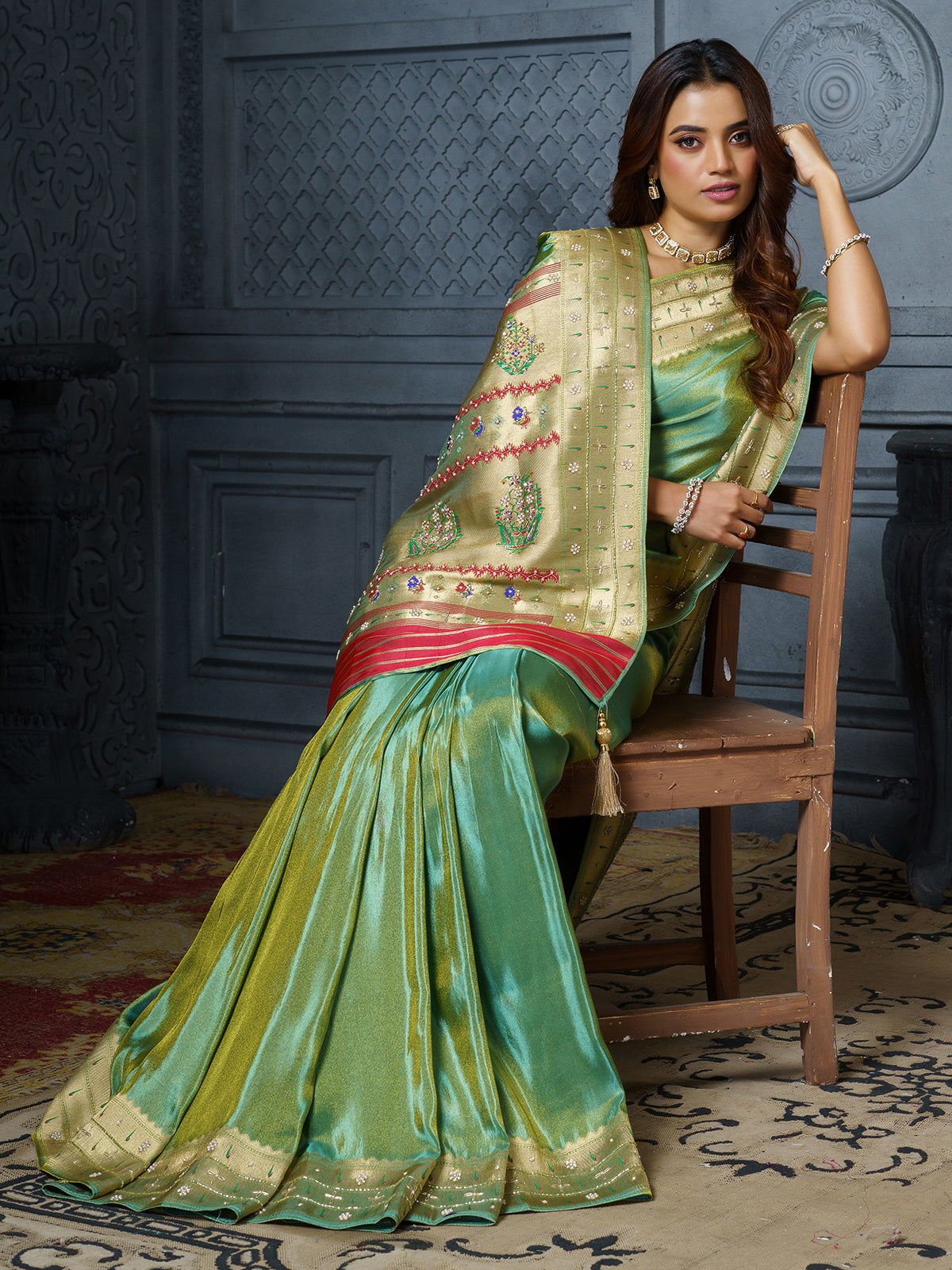 Green gujarati meenakari royal tissue saree for women