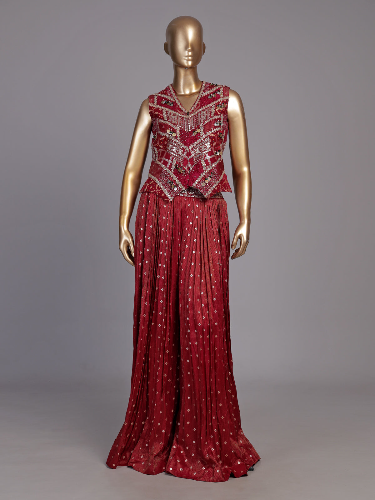 Maroon silk palazzo suit with mirror work and zari accents