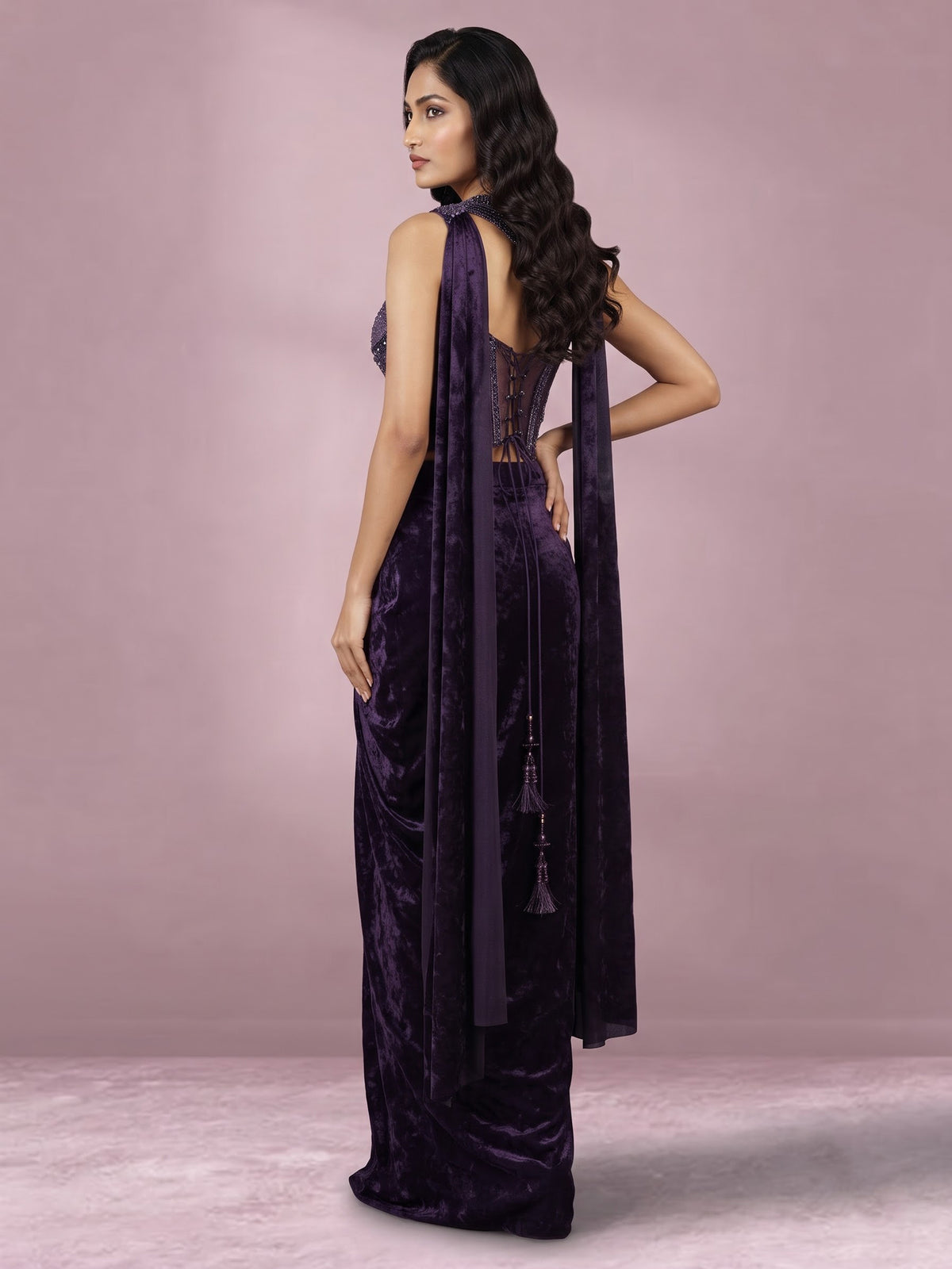 Purple net and velvet Indo western suit with embellished dupatta