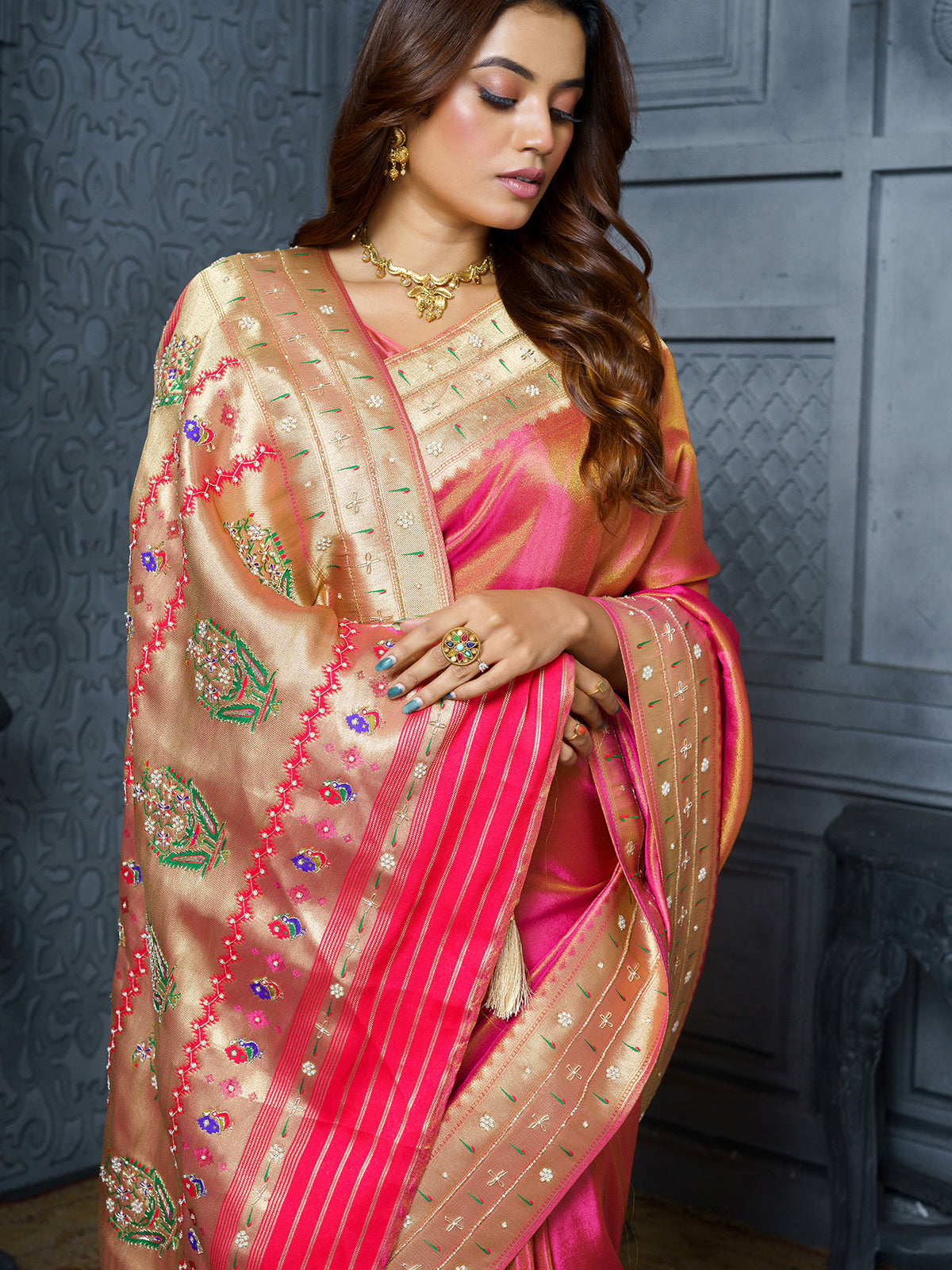 Pastel pink royal bouquet Meenakari tissue saree for women
