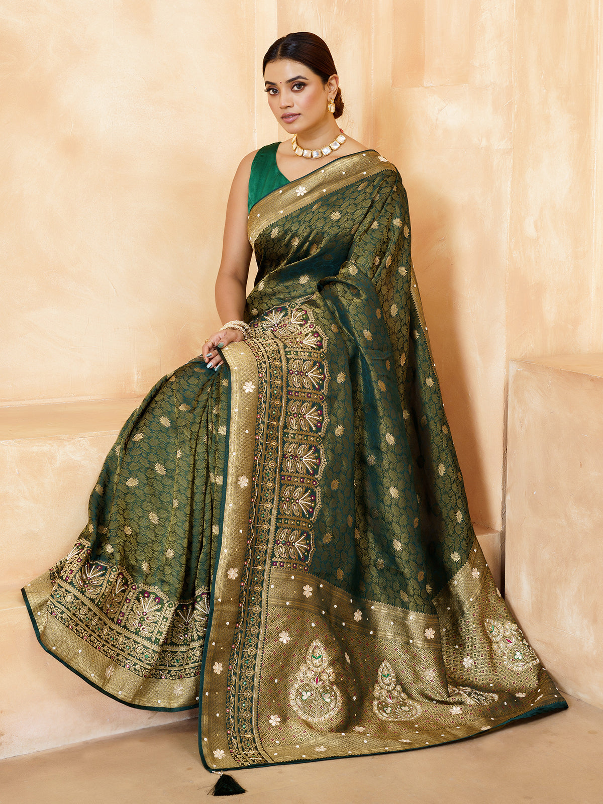Pastel green mughal paisley mushroom satin saree for women
