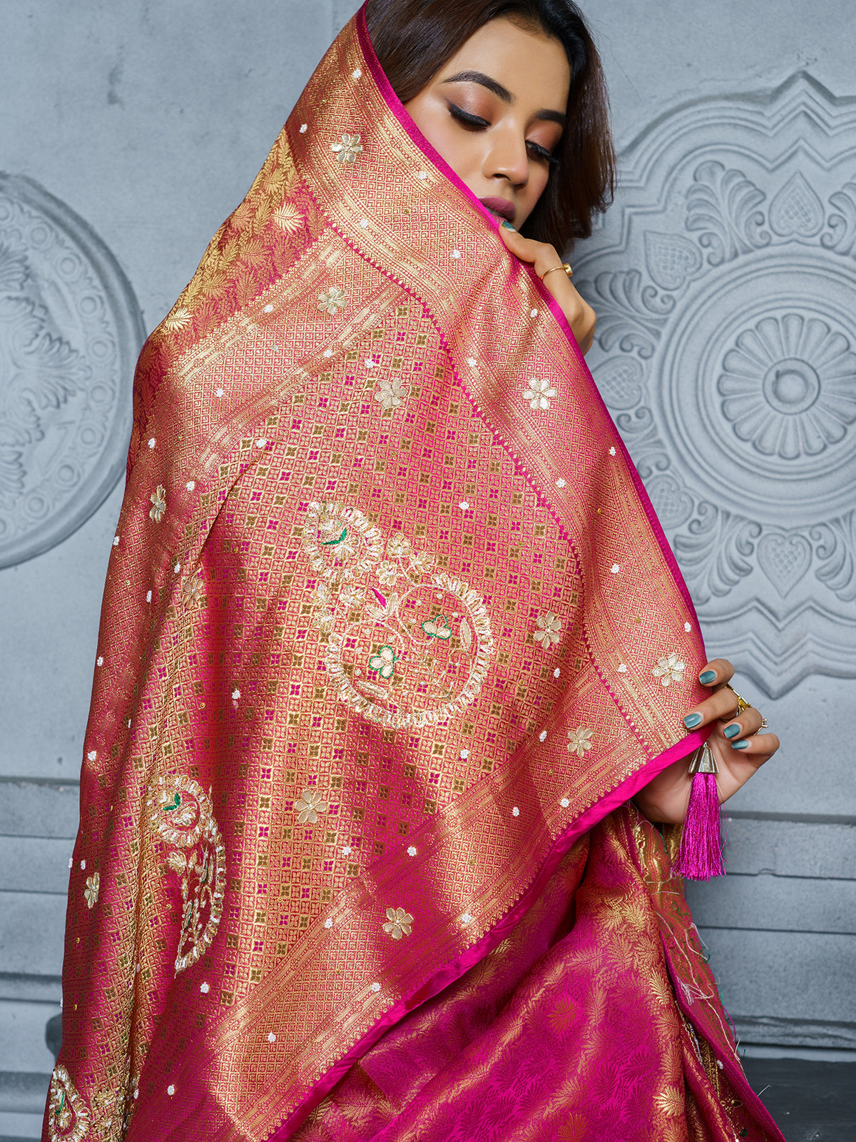 Pastel pink kashmiri resham paisley satin saree for women