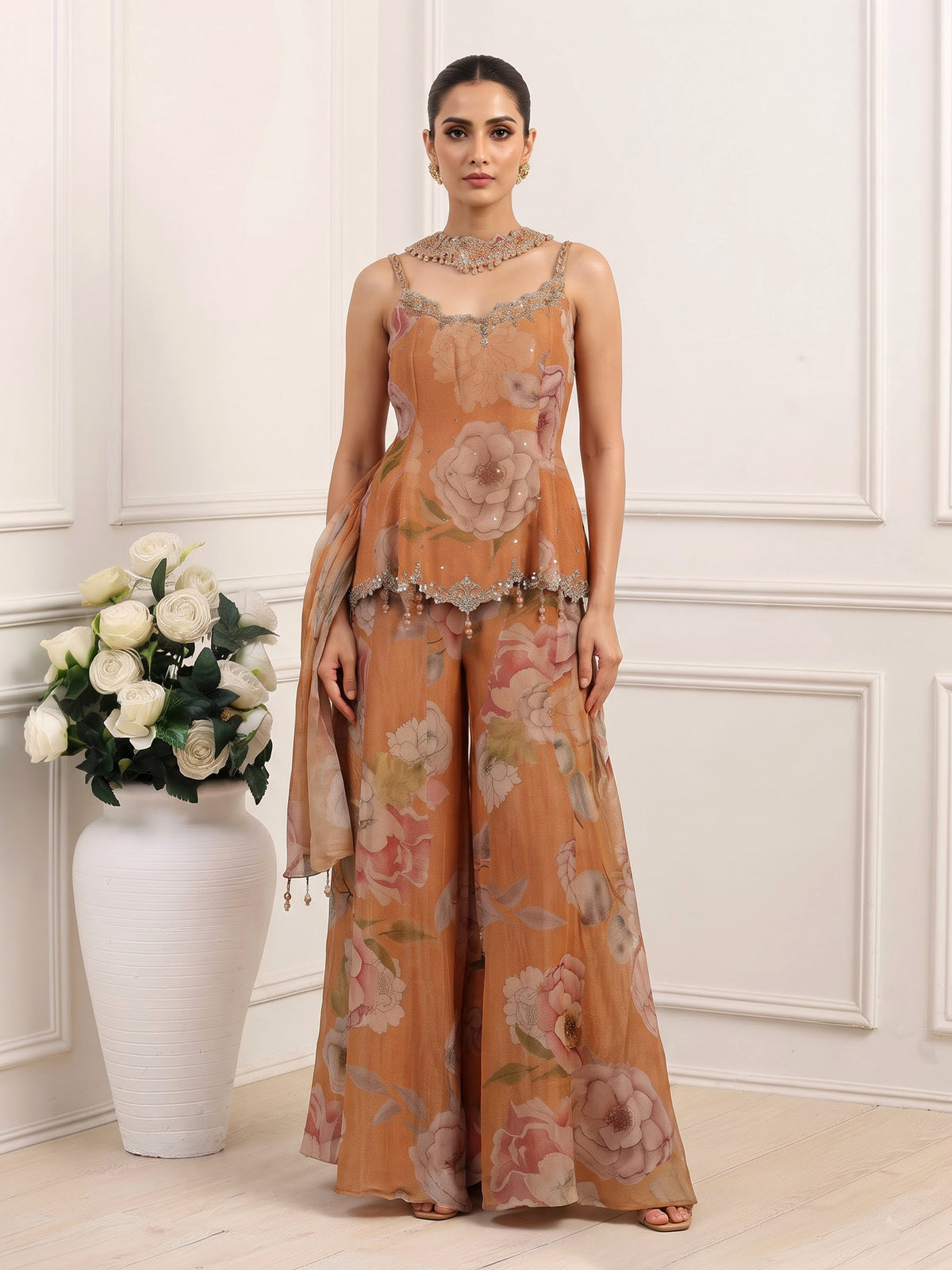 Pastel peach tissue silk palazzo suit with floral detailing