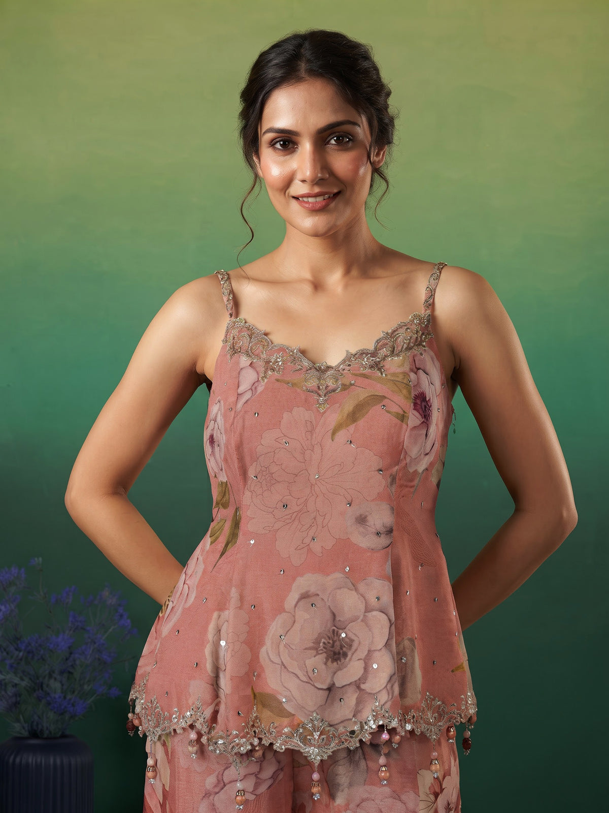 Pastel pink tissue silk palazzo suit with floral embellishments