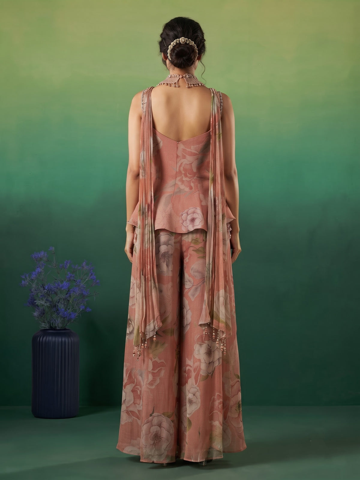 Pastel pink tissue silk palazzo suit with floral embellishments