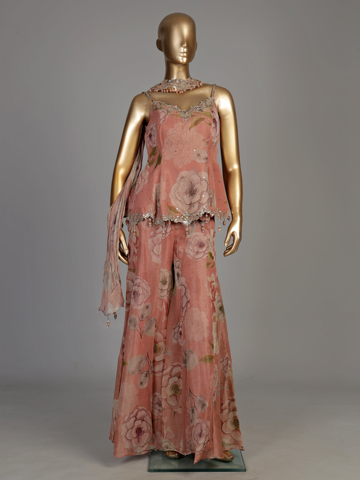 Pastel pink tissue silk palazzo suit with floral embellishments