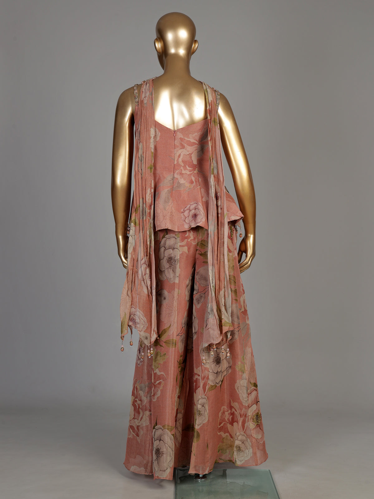 Pastel pink tissue silk palazzo suit with floral embellishments