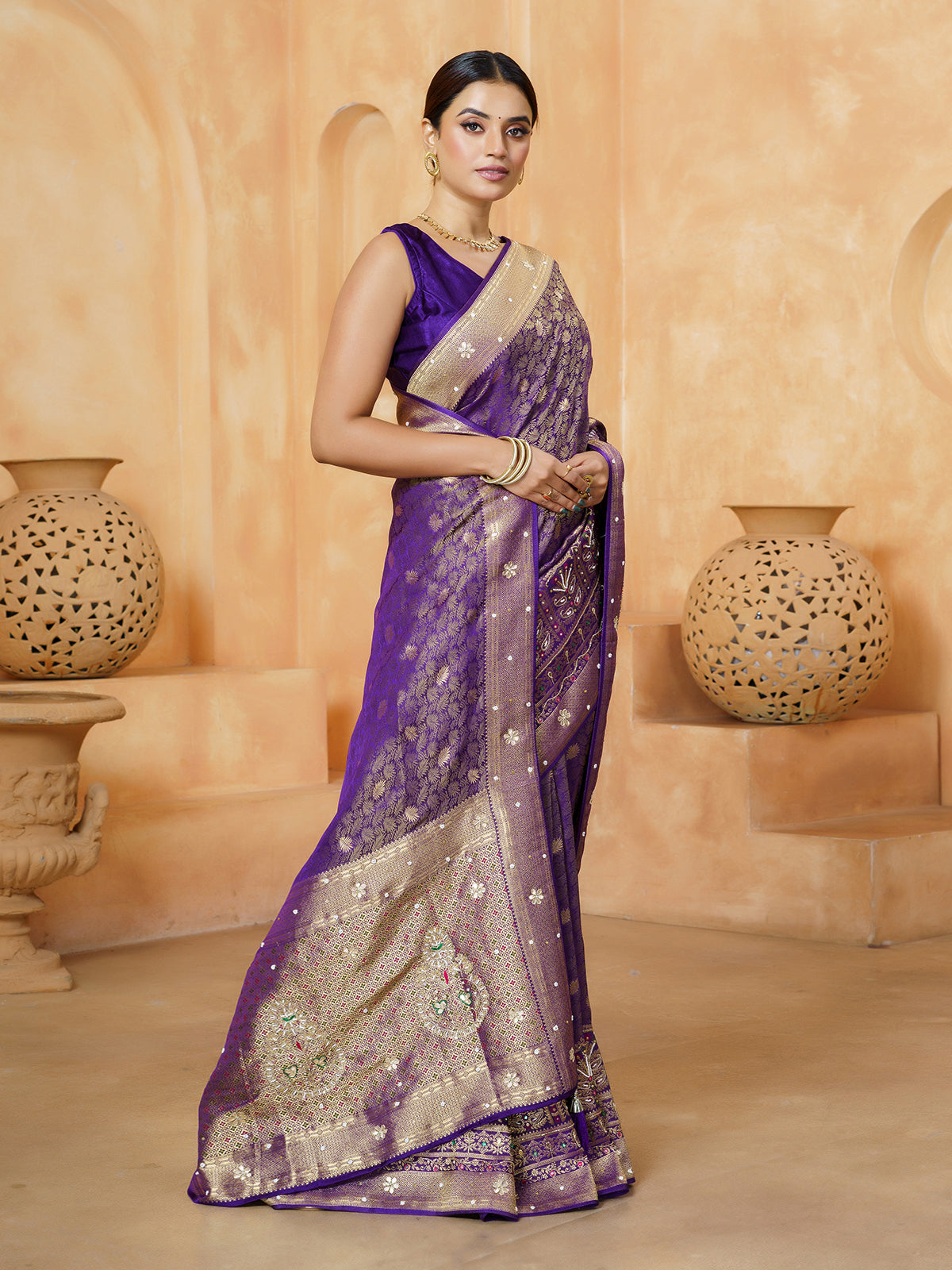 Pastel purple mughal arch embroidered satin saree for women