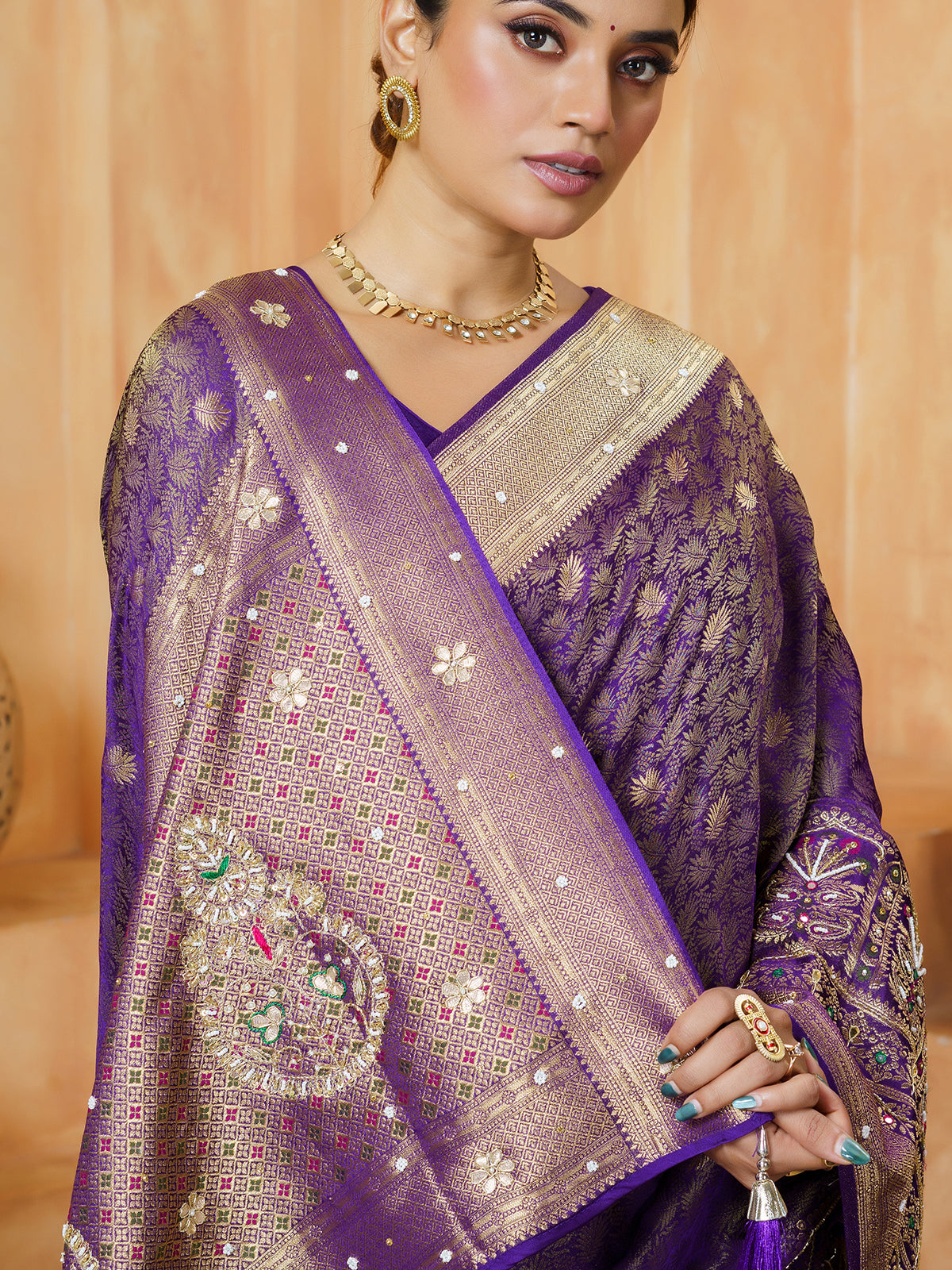 Pastel purple mughal arch embroidered satin saree for women