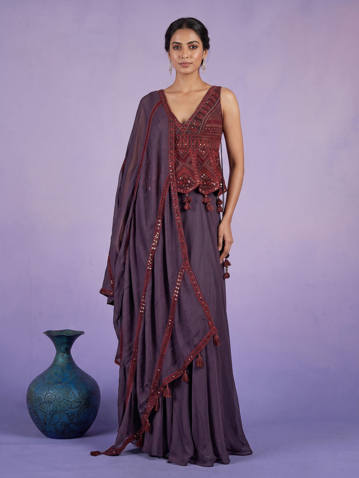 Lavender purple georgette palazzo suit with intricate zardosi work