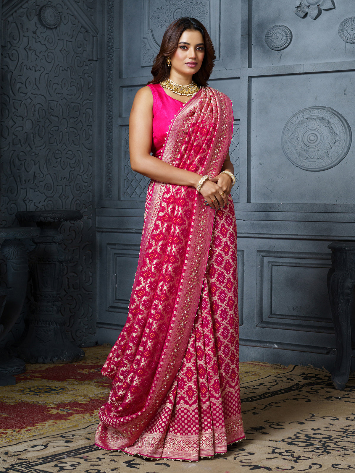 Pink bandhani paisley embellished georgette saree for women