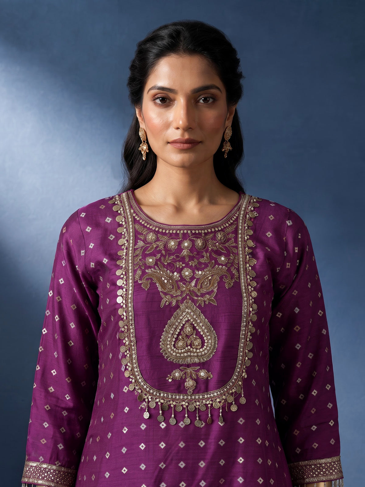 Violet purple silk bandhani suit with embroidered yoke and tassels