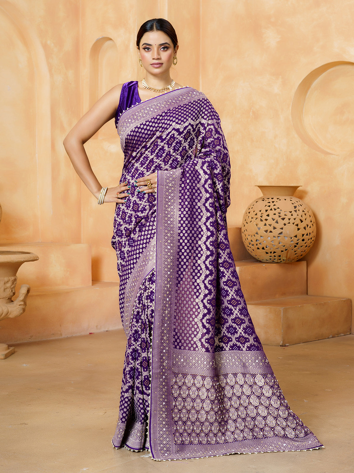 Purple persian vine bandhani georgette saree for women