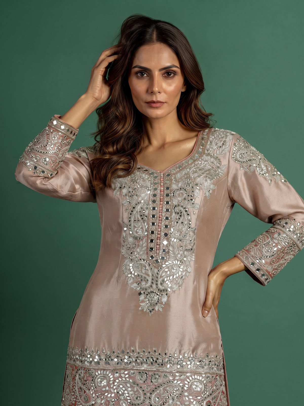 Pastel peach Pakistani silk palazzo suit with mirror embellishments