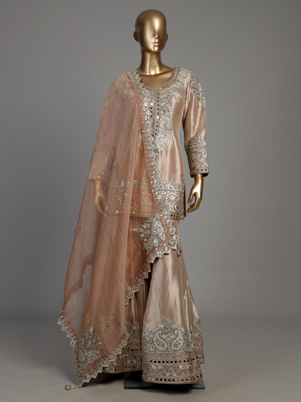 Pastel peach Pakistani silk palazzo suit with mirror embellishments