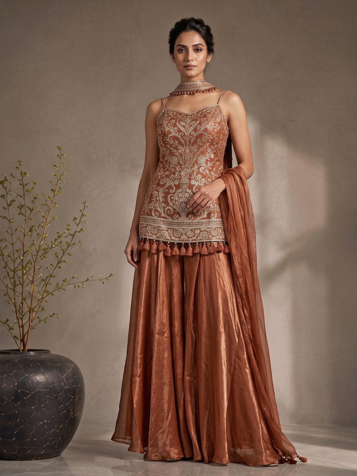 Rust peach tissue silk palazzo suit with intricate zardosi work